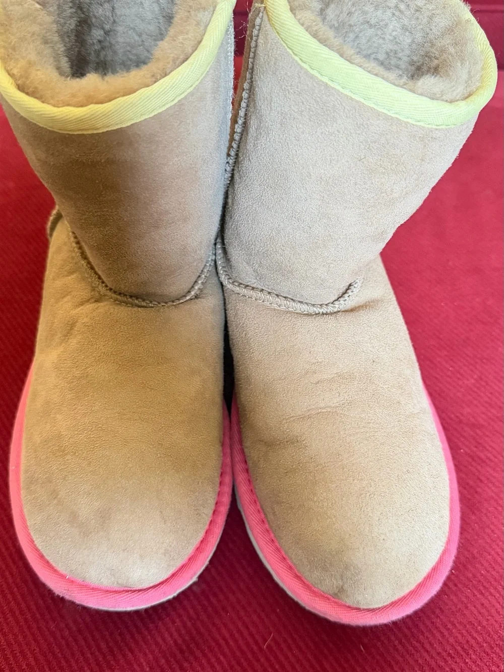 UGG Kids Tan Suede Boots with Pink Trim and Lime Accent
